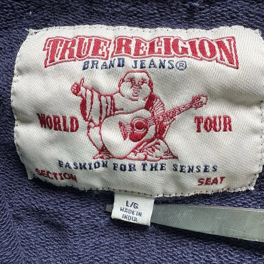 True Religion Jacket Big Back‎ Spell Out Front Emblem Hooded Navy Blue Sz L